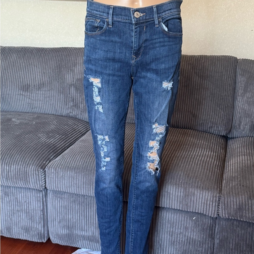 Express Dark Blue Distressed Skinny Jeans